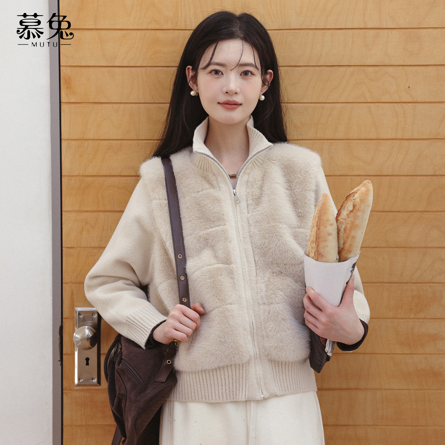 慕兔法式拼接假两件针织短外套