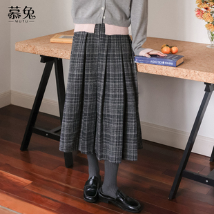 慕兔复古气质高腰格子毛呢半身裙女2025秋季 小个子a字中长裙 新款