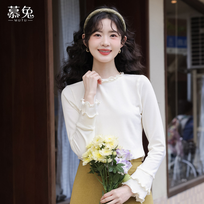 韩系灰色木耳边长袖打底衫t恤