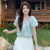 慕兔小清新刺绣短袖 高级感独特重工亮片上衣 新款 衬衫 女2025年夏季