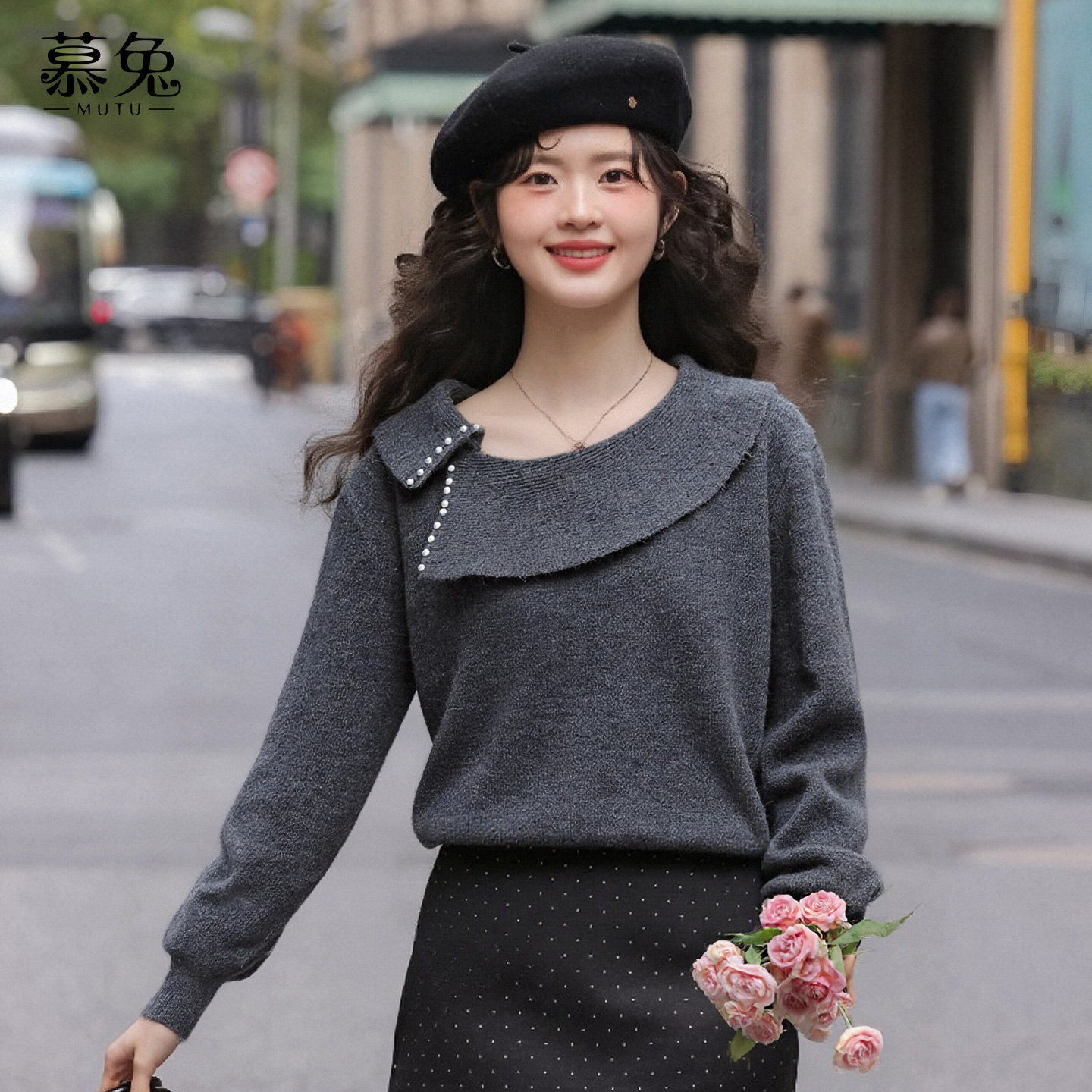 慕兔法式重工钉珠灰色毛衣