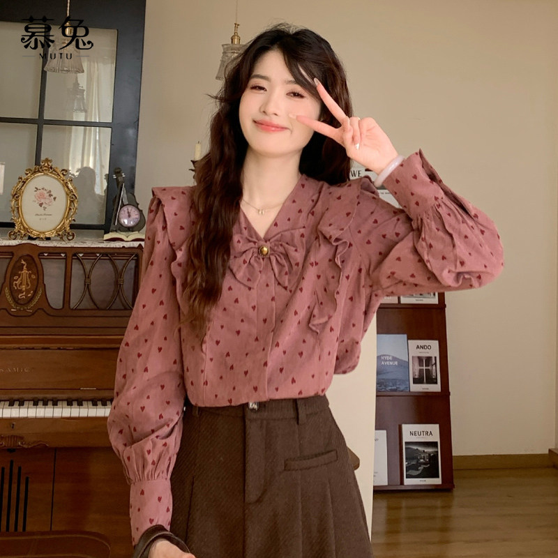 慕兔复古气质蝴蝶结长袖衬衫