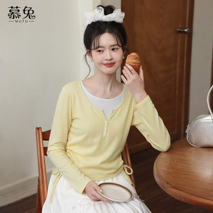 慕兔甜美黄色拼接假两件t恤女2026春季新款小个子抽绳收腰短上衣