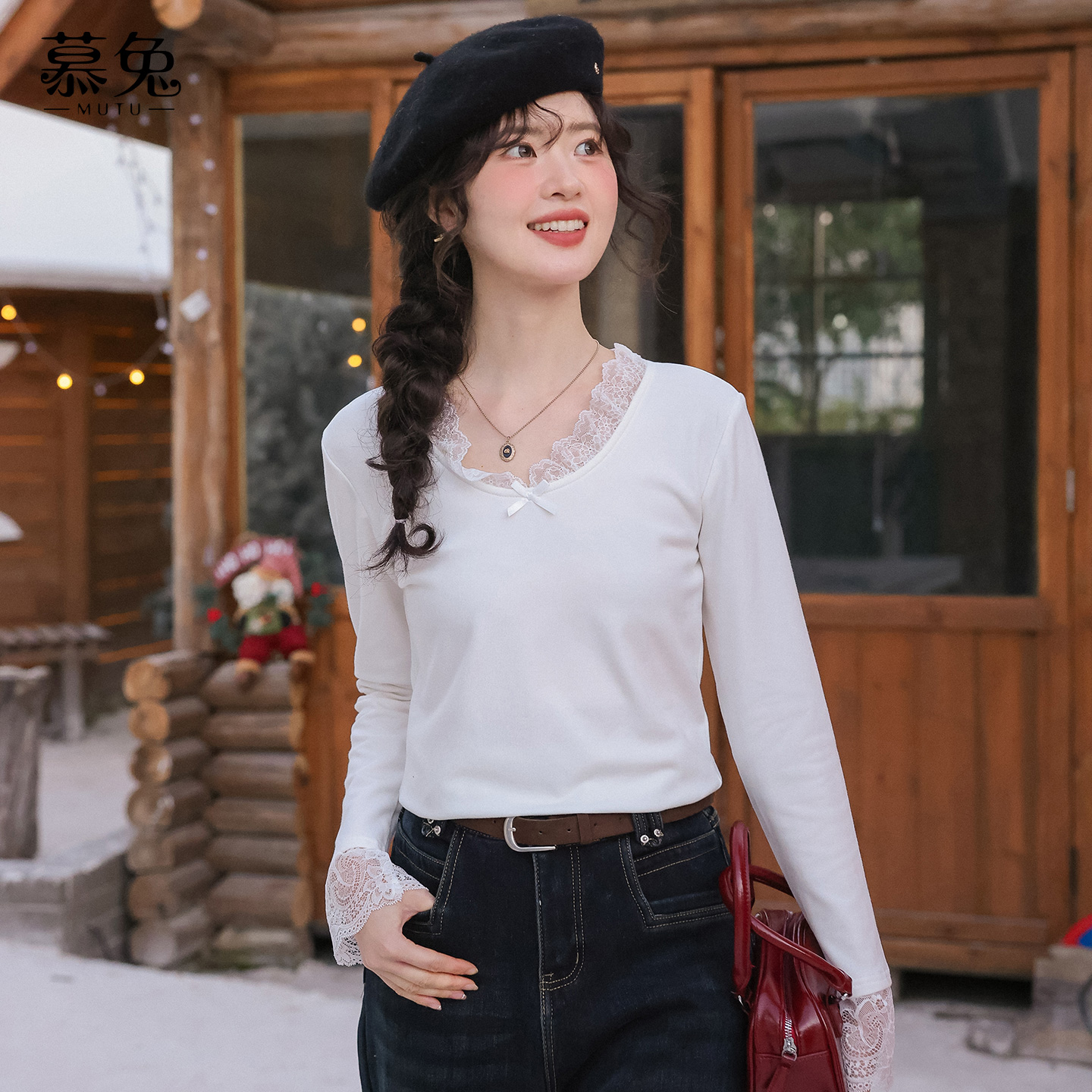 慕兔法式蝴蝶结蕾丝圆领长袖t恤