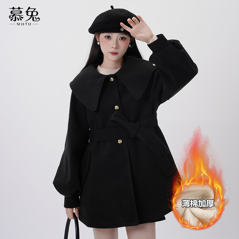 慕兔韩系娃娃领中长款毛呢外套