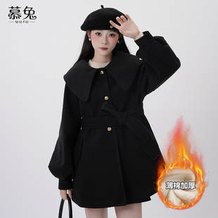 收腰呢子大衣 小个子中长款 慕兔韩系娃娃领毛呢外套女2025新款 冬季