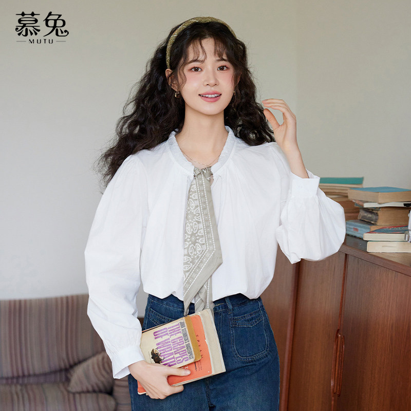 慕兔法式高级感长袖白衬衫女2026春季新款设计感小众丝巾系带上衣,女装/女士精品,衬衫,淘宝优惠券,粉丝福利购,淘宝优惠卷