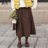 高腰显瘦中长款 慕兔复古咖色灯芯绒半身裙女2025冬季 新款 a字裙子