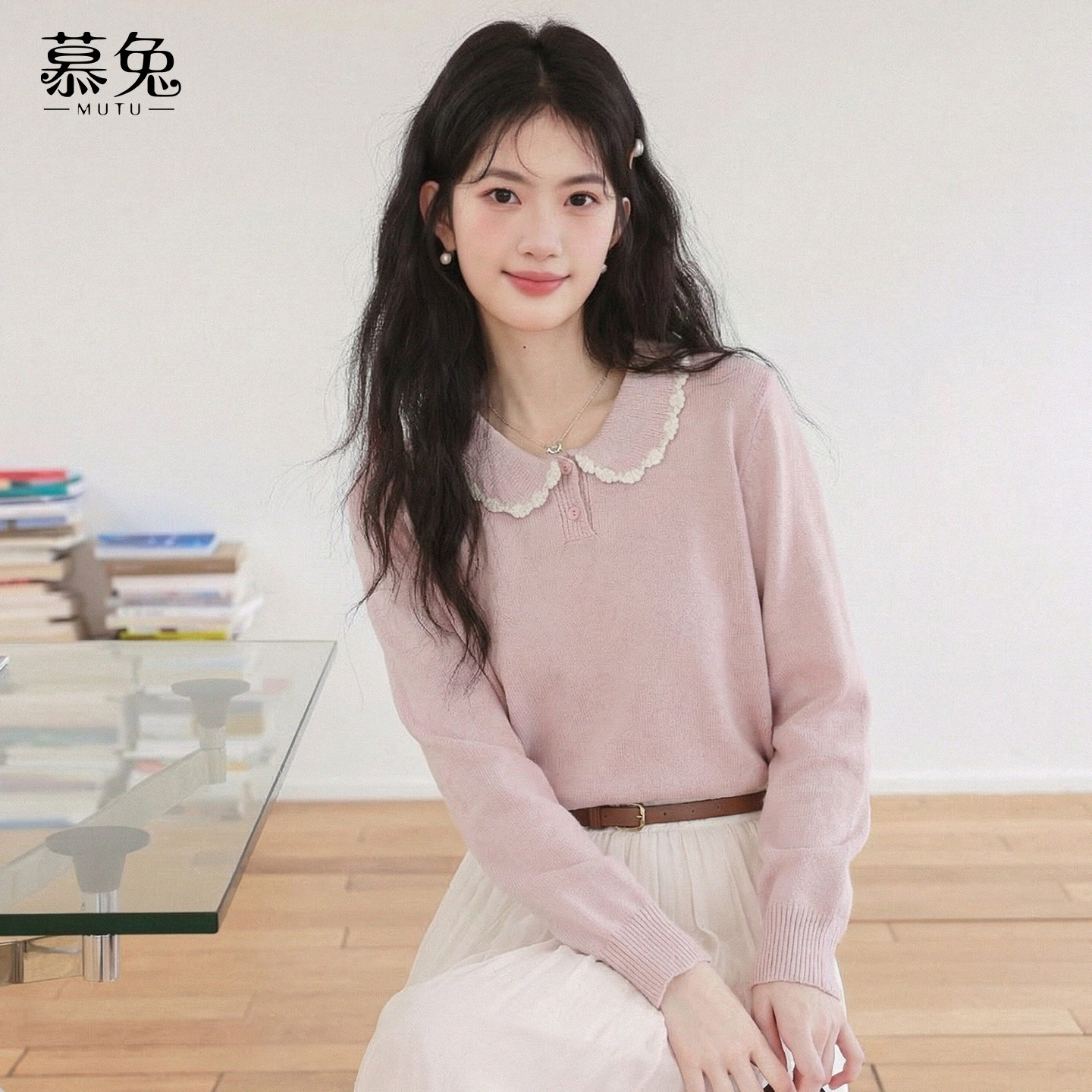 慕兔甜美娃娃领粉色针织衫女2026春季新款设计感小众宽松长袖上衣,女装/女士精品,毛针织衫,淘宝优惠券,粉丝福利购,淘宝优惠卷