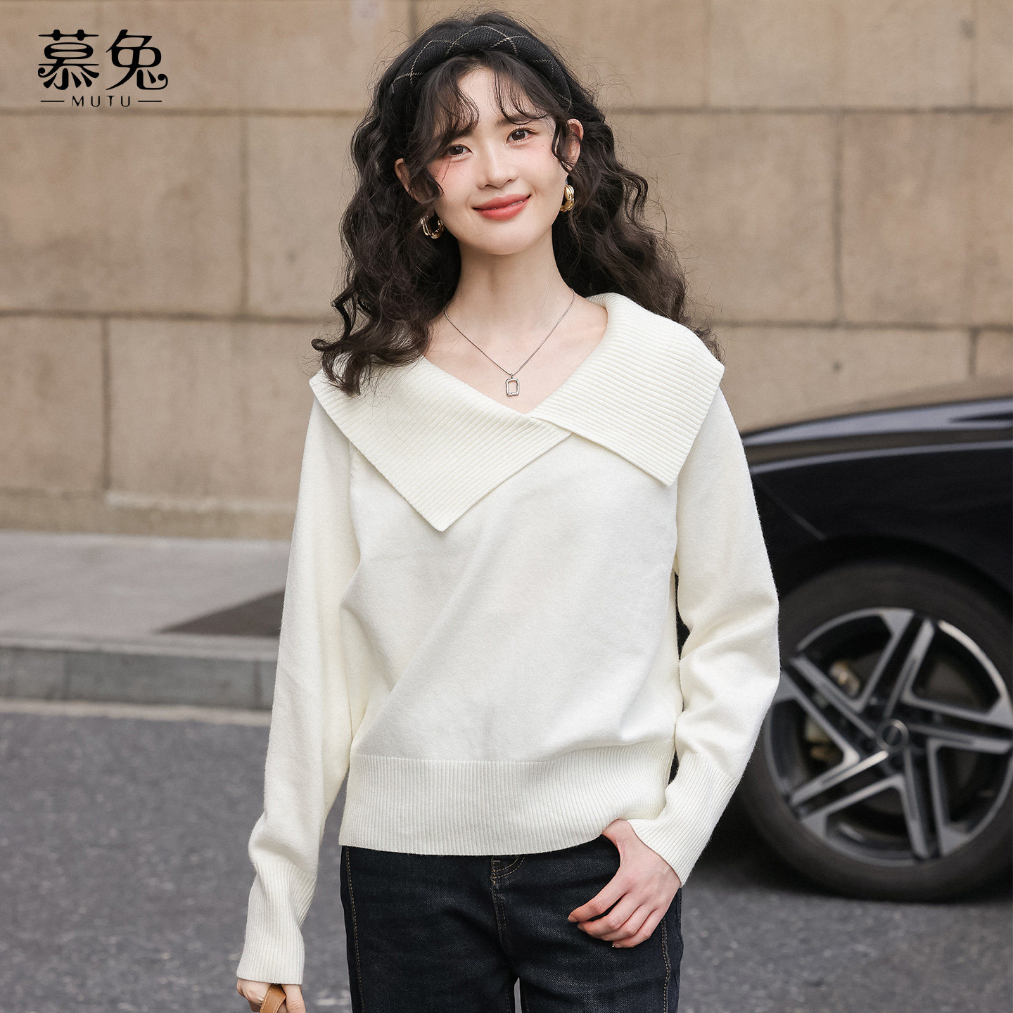 慕兔法式温柔风翻领长袖针织衫女2025冬季新款设计感小众宽松上衣,女装/女士精品,毛针织衫,淘宝优惠券,粉丝福利购,淘宝优惠卷