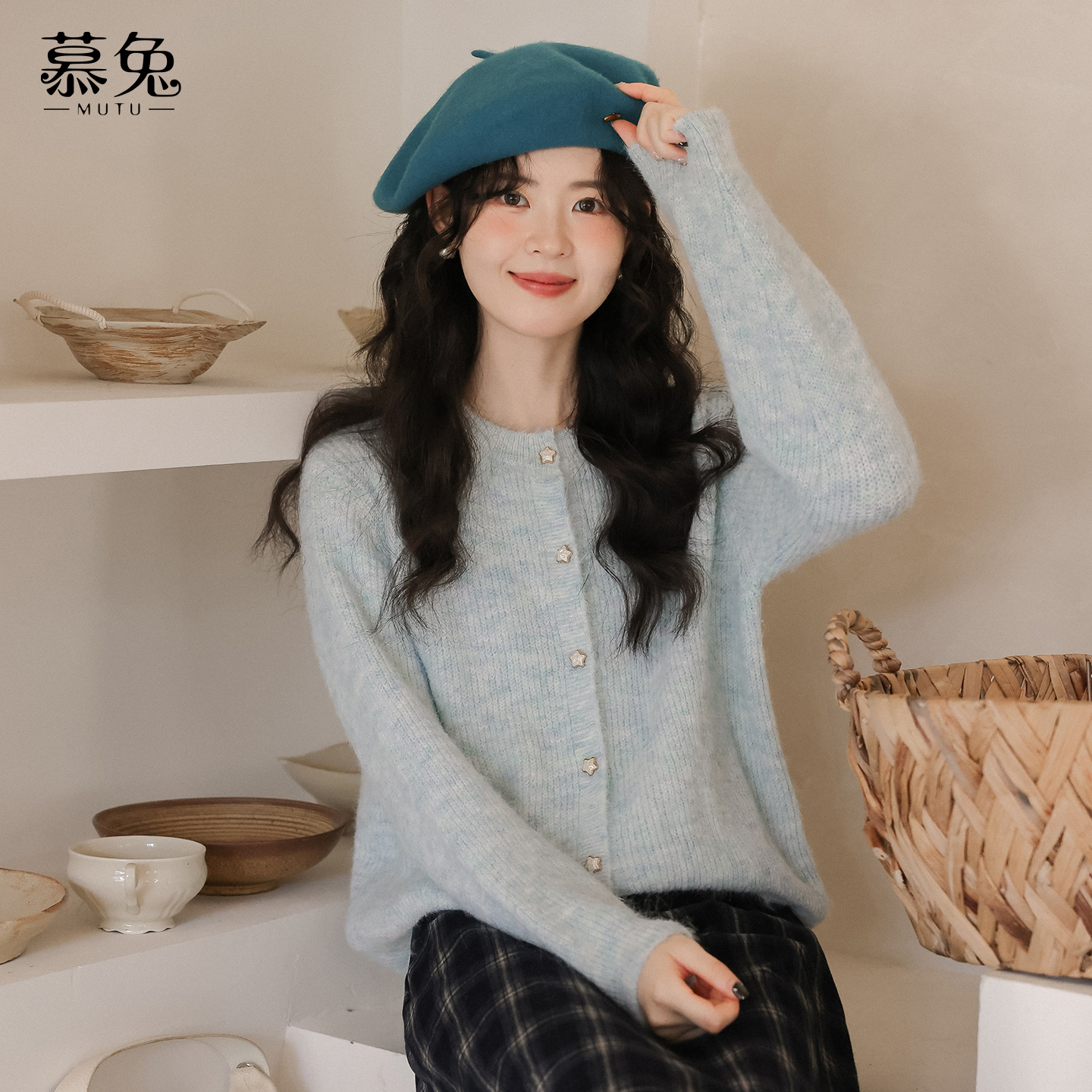 慕兔甜美奶呼呼蓝色毛衣开衫
