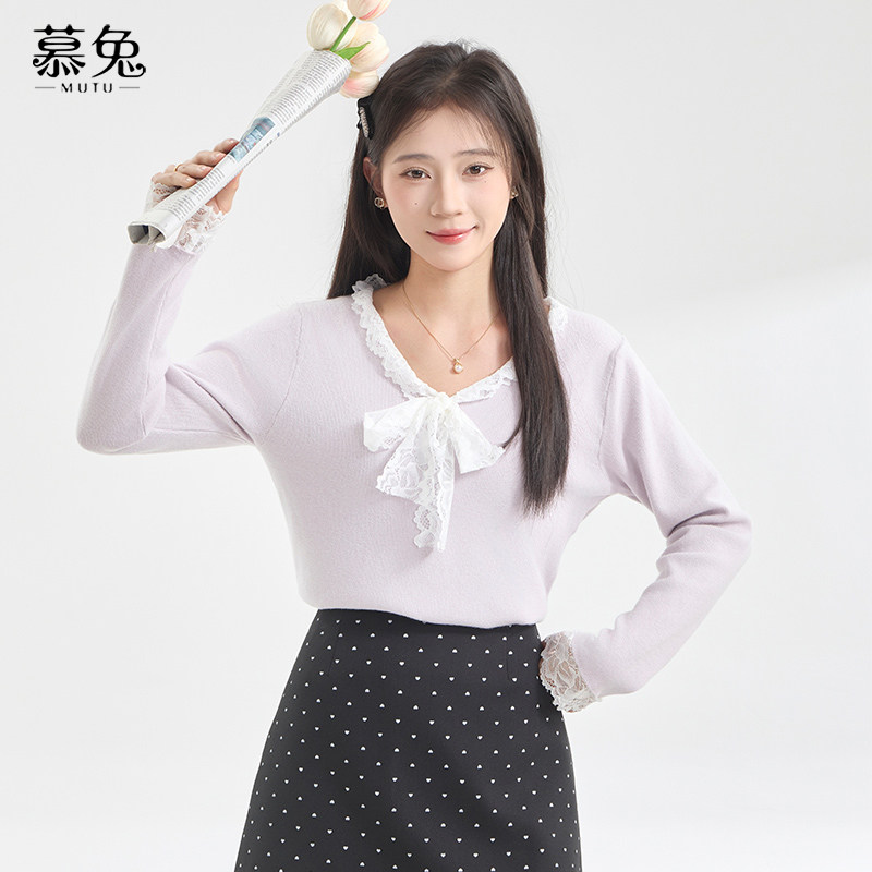 慕兔法式温柔风长袖针织衫女2026春季新款软糯蕾丝拼接蝴蝶结上衣,女装/女士精品,毛针织衫,淘宝优惠券,粉丝福利购,淘宝优惠卷