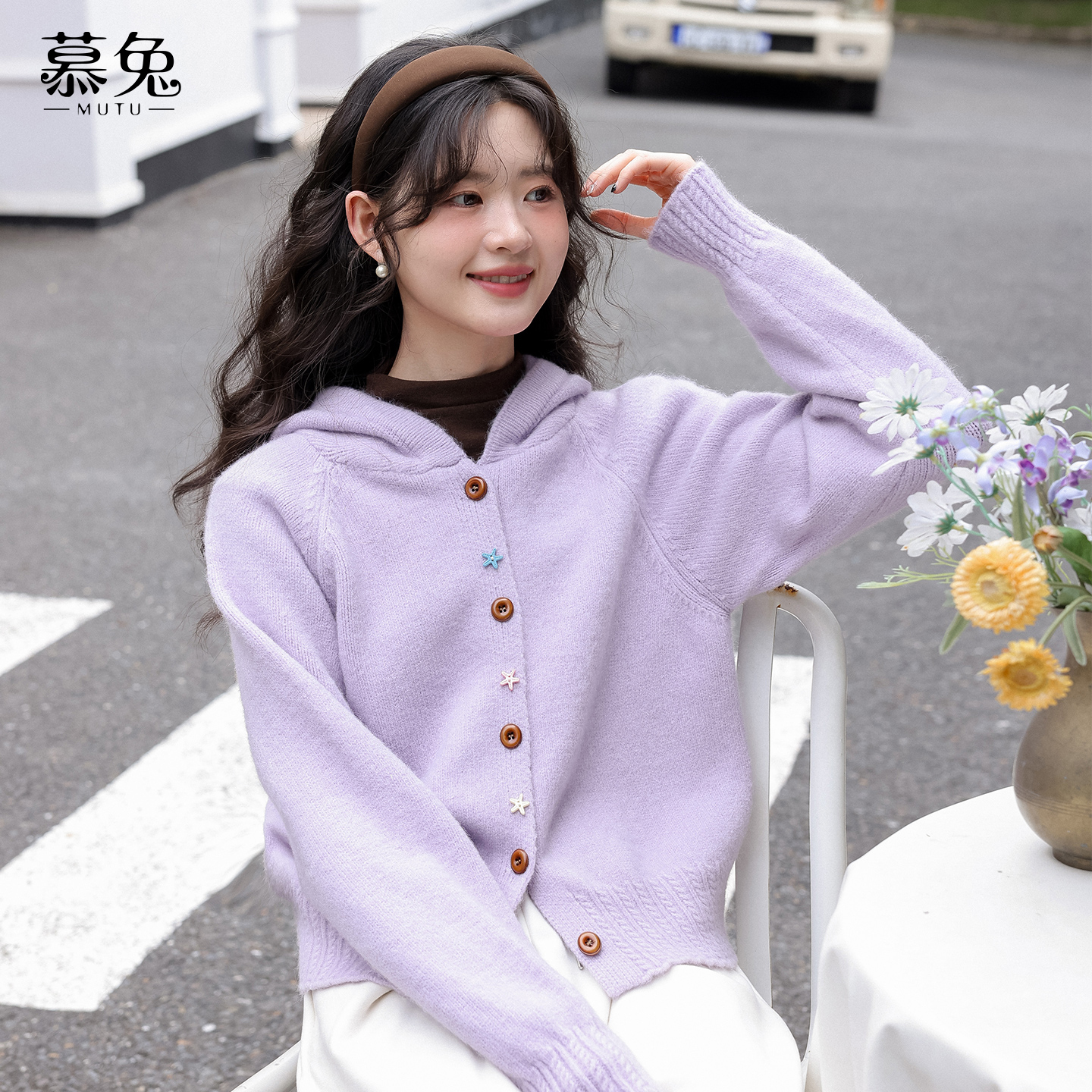 慕兔慵懒风紫色连帽毛衣外套