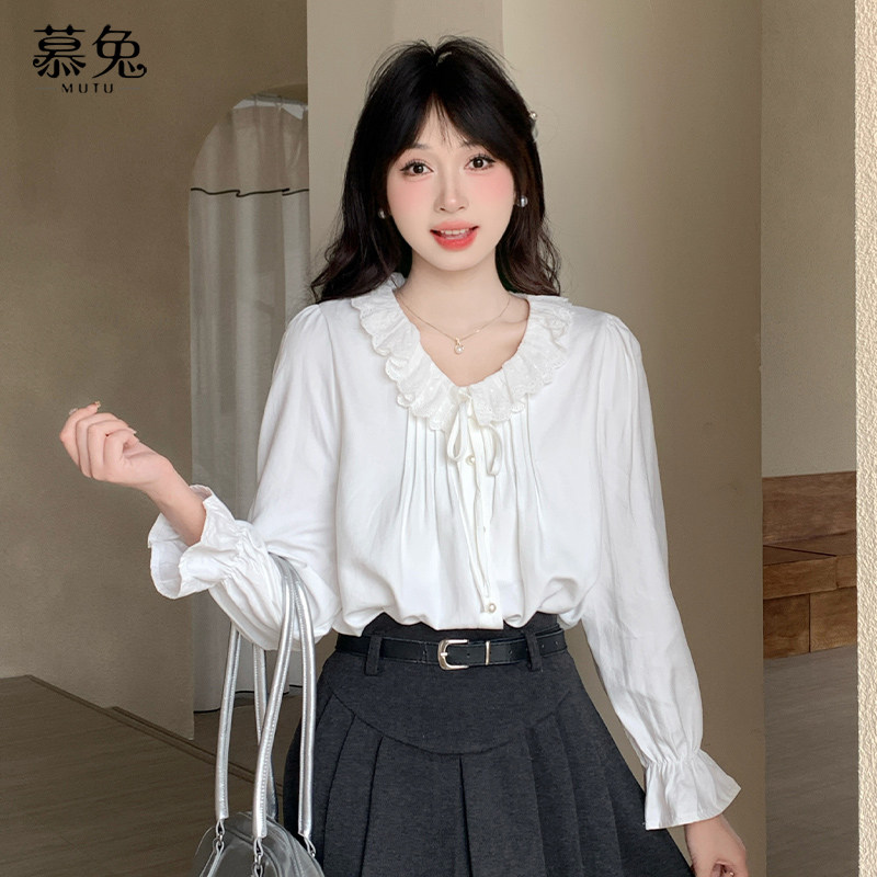 慕兔法式甜美系带长袖衬衫女2025新款秋冬洋气设计感小众白色上衣,女装/女士精品,衬衫,淘宝优惠券,粉丝福利购,淘宝优惠卷