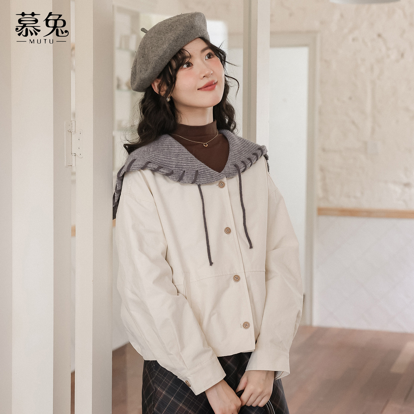 慕兔韩系拼接针织披肩夹克外套女2026春季新款设计感小众宽松上衣,女装/女士精品,短外套,淘宝优惠券,粉丝福利购,淘宝优惠卷