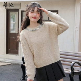 慕兔温柔风圆领钉珠毛衣女2026春季新款设计感小众长袖针织衫上衣