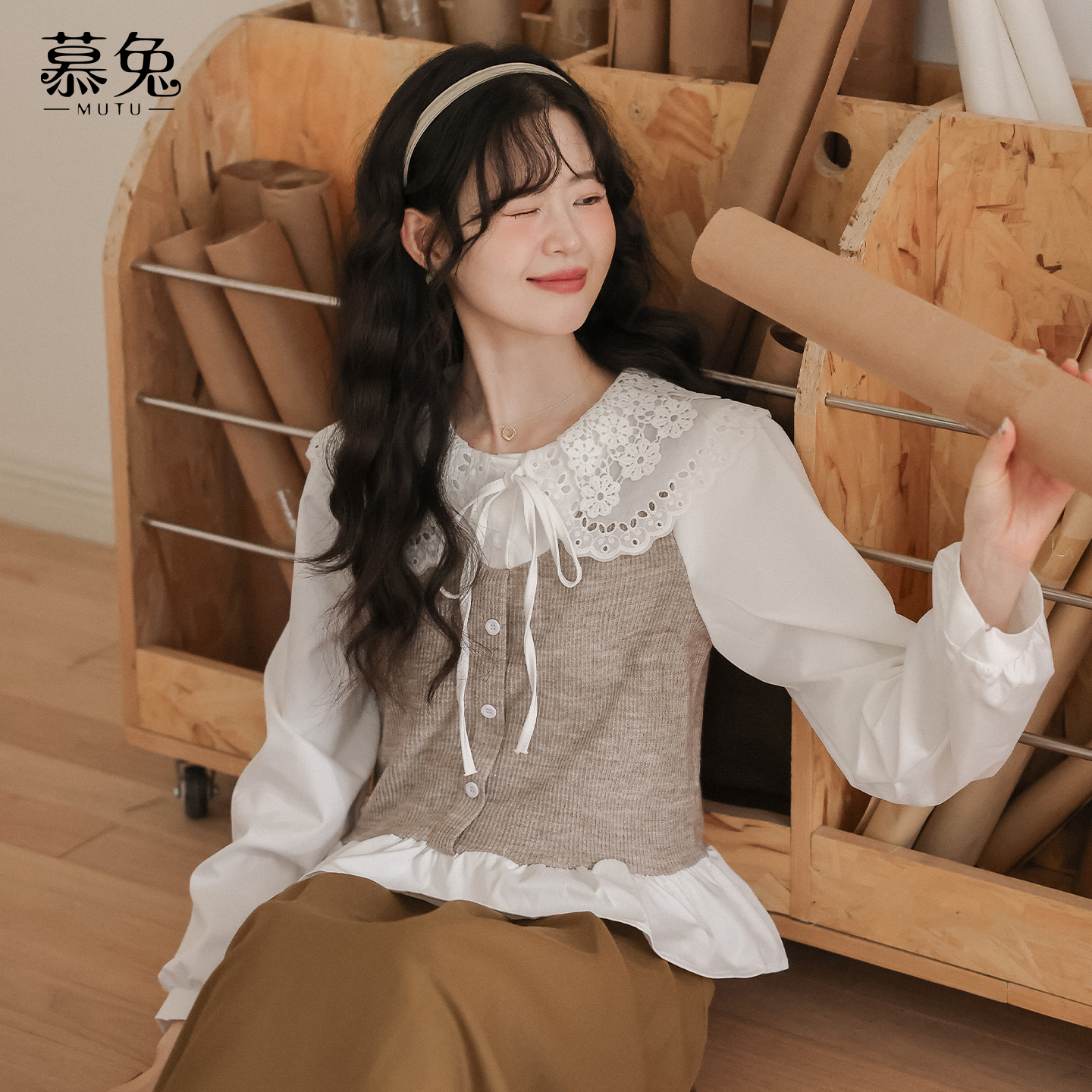 慕兔韩系娃娃领假两件衬衫