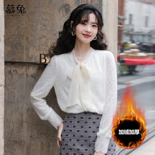 新款 女2025冬季 温柔加绒加厚上衣 气质蝴蝶结系带蕾丝衬衫 慕兔法式