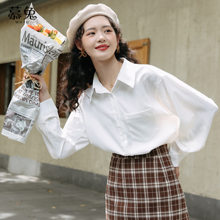 ins设计感小众长袖 2025新款 上衣潮 秋季 慕兔chic盐系白色褶皱衬衫