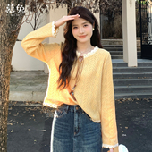 慕兔甜美温柔黄色镂空针织衫 女2026春新款 设计感小众宽松系带上衣