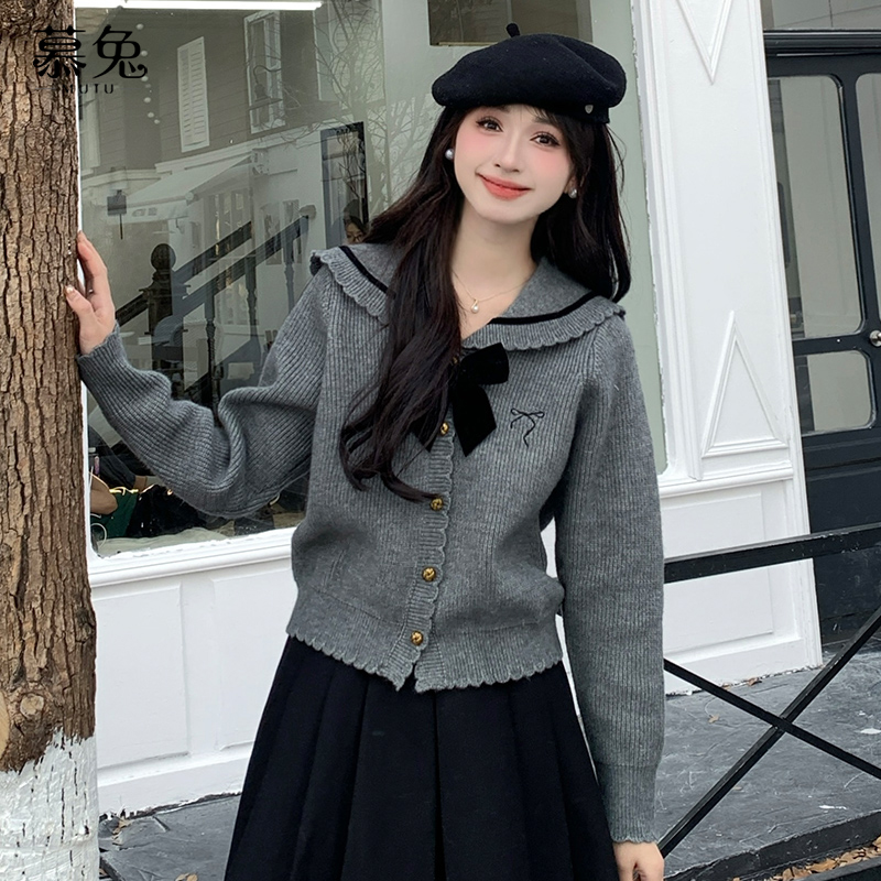 慕兔蝴蝶结针织毛衣开衫