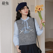 慕兔韩系灰色刺绣针织马甲背心女2025冬季 两件套 衬衫 新款 内搭长袖