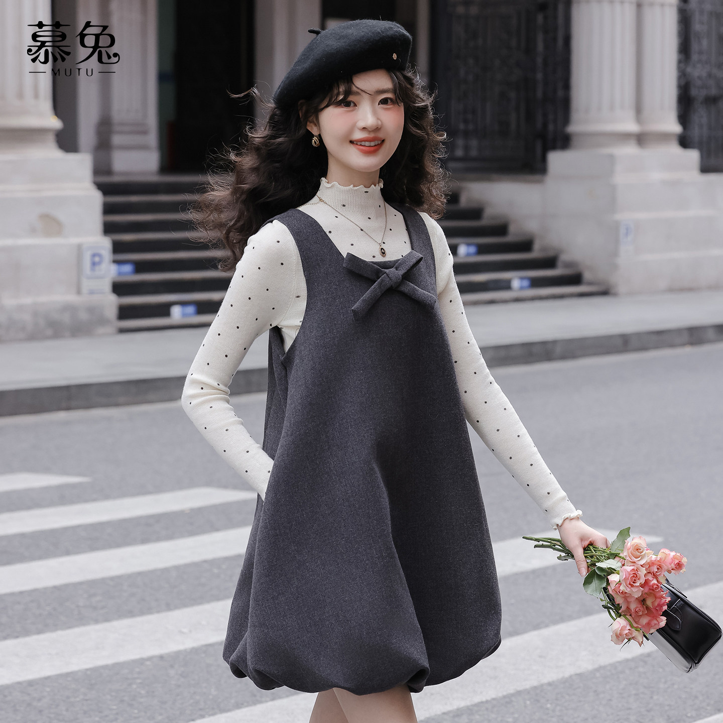 慕兔甜美蝴蝶结花苞背心连衣裙女2025冬季新款高级感宽松a字短裙,女装/女士精品,连衣裙,淘宝优惠券,粉丝福利购,淘宝优惠卷