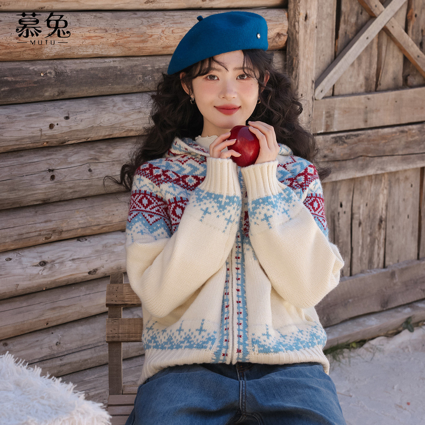 慕兔韩系撞色连帽拉链毛衣外套