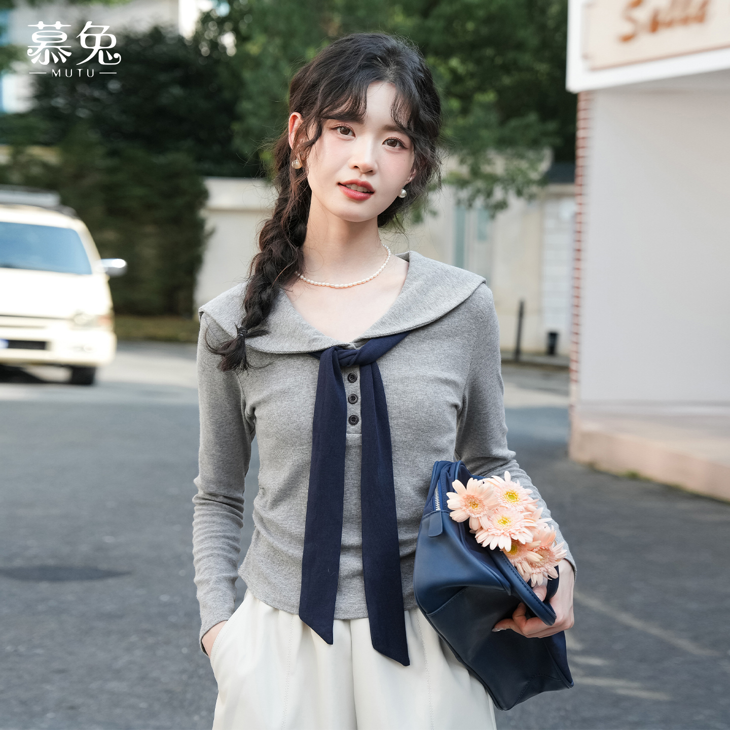 慕兔灰色海军领长袖t恤