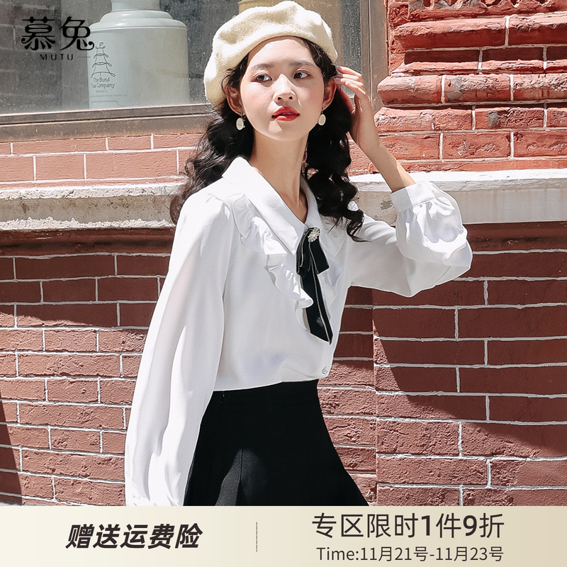 法式复古白色蝴蝶结花边衬衫