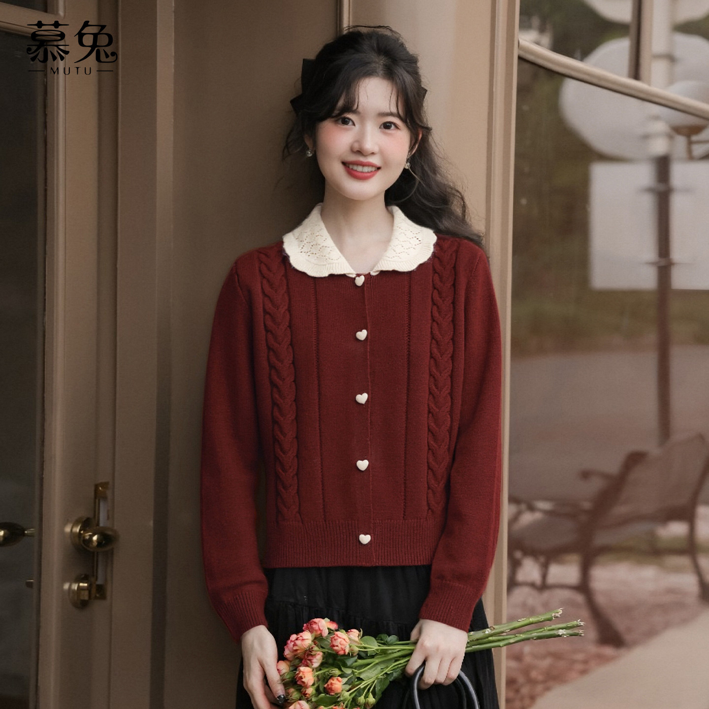 慕兔甜美娃娃领麻花针织毛衣女2025秋冬季新款奶呼呼宽松软糯上衣