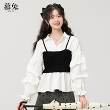 慕兔法式气质假两件白衬衫女2025秋季新款设计感小众收腰长袖上衣