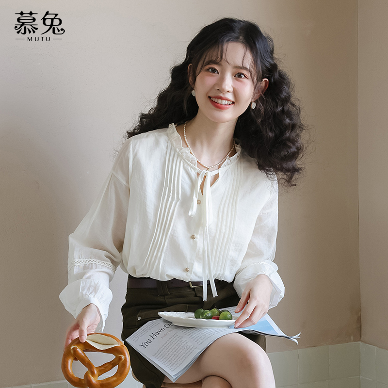 慕兔法式长袖花边领衬衫