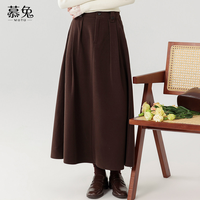 慕兔复古咖色毛呢a字裙女2025冬季新款气质高腰显瘦中长款半身裙,女装/女士精品,半身裙,淘宝优惠券,粉丝福利购,淘宝优惠卷