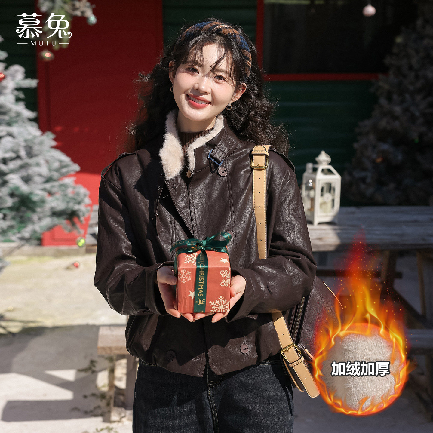 慕兔复古加绒PU皮衣外套