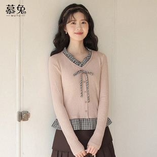 慕兔韩系格子拼接假两件t恤女2026春季新款设计感小众收腰短上衣