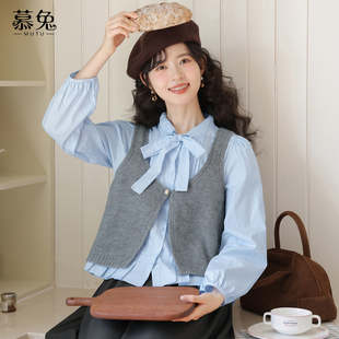 新款 女2025秋季 针织背心马甲上衣两件套 衬衫 慕兔学院风蝴蝶结长袖