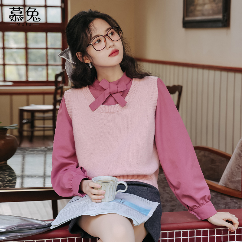 慕兔韩系减龄马甲衬衫两件套装