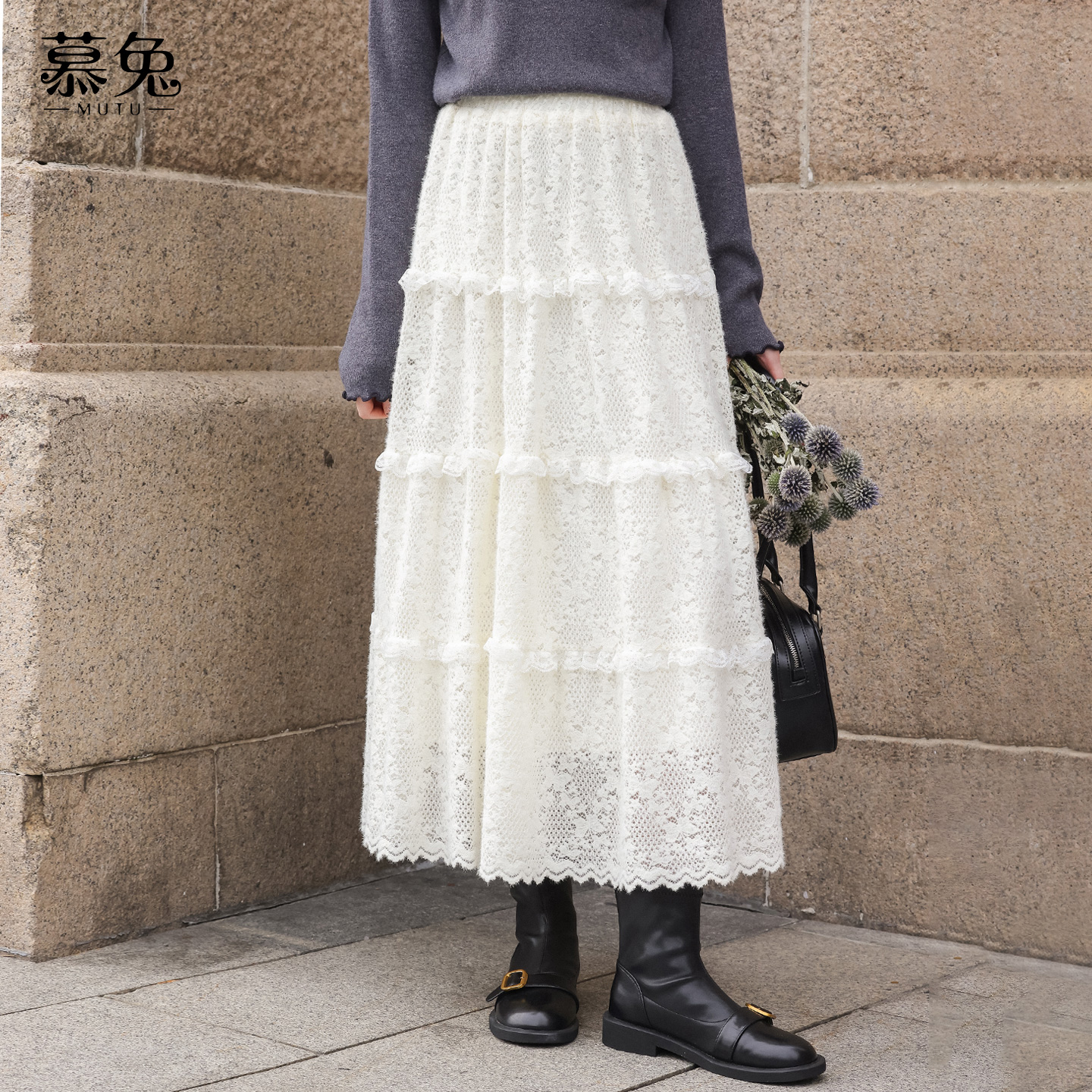 慕兔法式芭蕾风刺绣半身裙