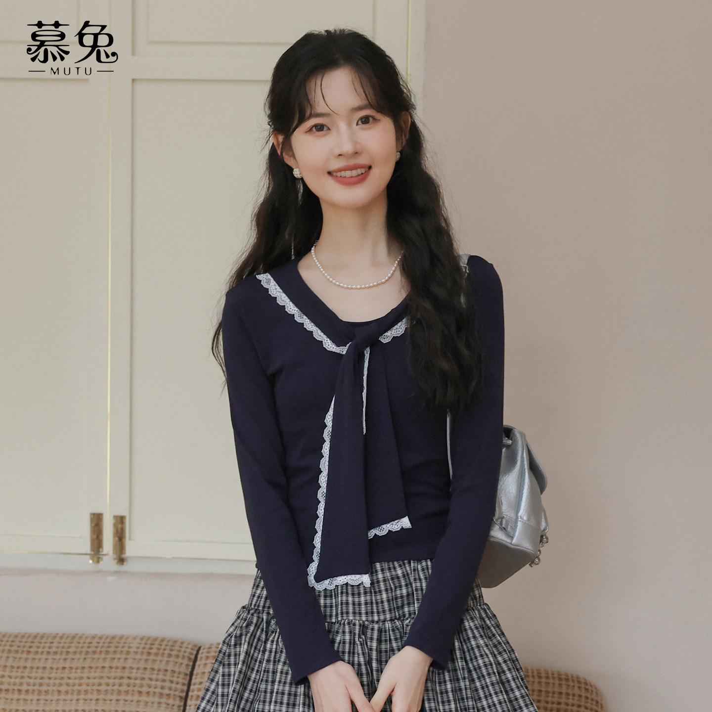 慕兔韩系蕾丝花边拼接长袖t恤女2026春季新款别致收腰显瘦短上衣,女装/女士精品,T恤,淘宝优惠券,粉丝福利购,淘宝优惠卷