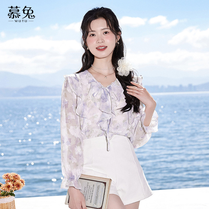 慕兔法式高级感碎花雪纺衬衫女2025夏季新款设计感小众荷叶边上衣