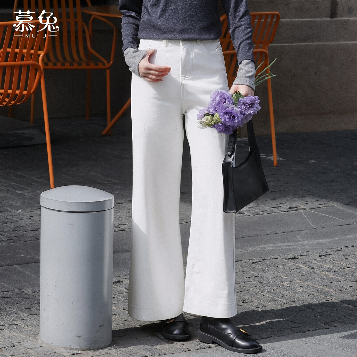 慕兔小个子高腰白色阔腿牛仔裤