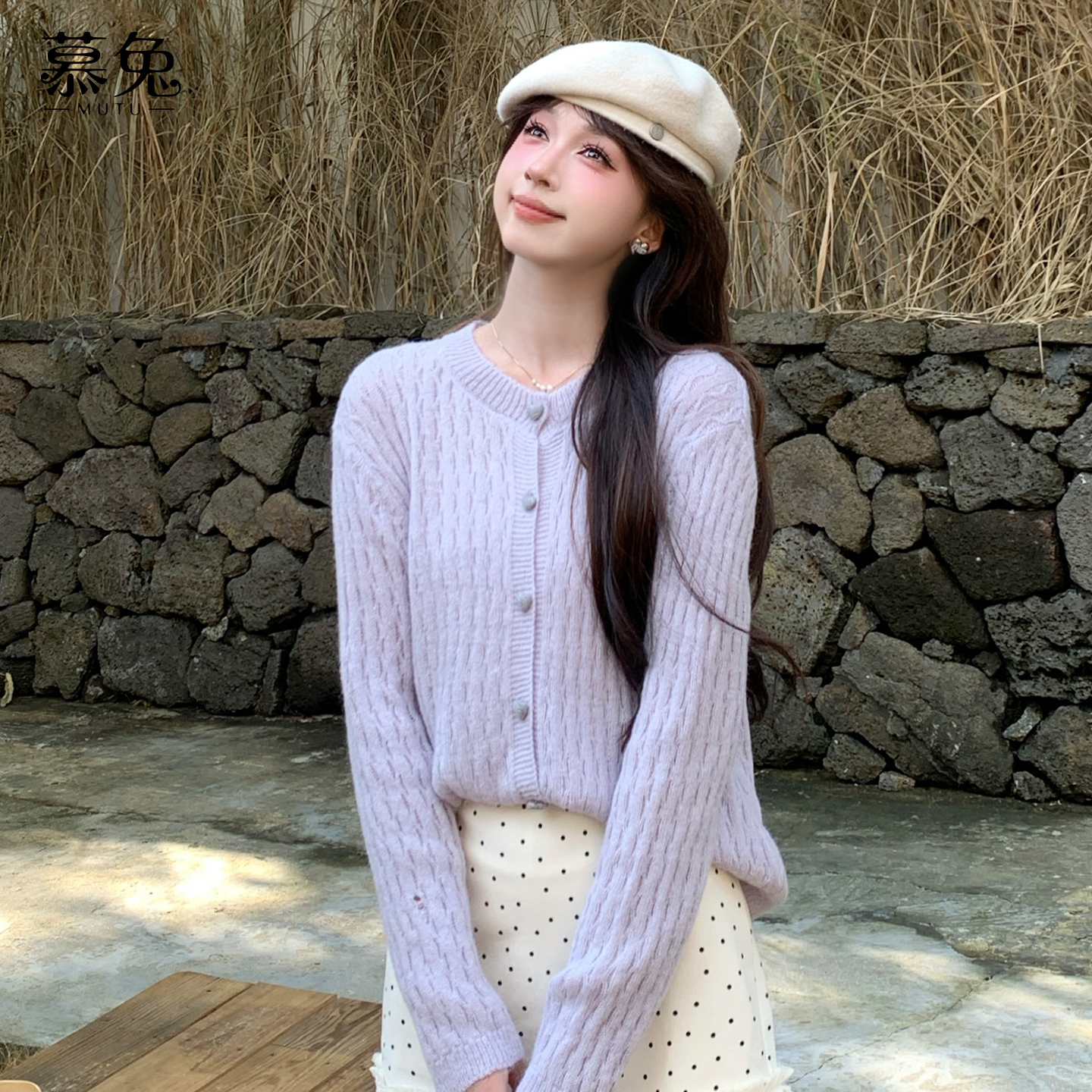 慕兔温柔风紫色长袖毛衣开衫