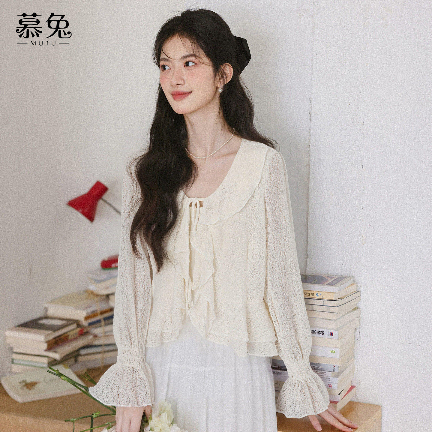 慕兔温柔风V领荷叶边长袖衬衫女2026春季新款设计感小众气质上衣,女装/女士精品,衬衫,淘宝优惠券,粉丝福利购,淘宝优惠卷