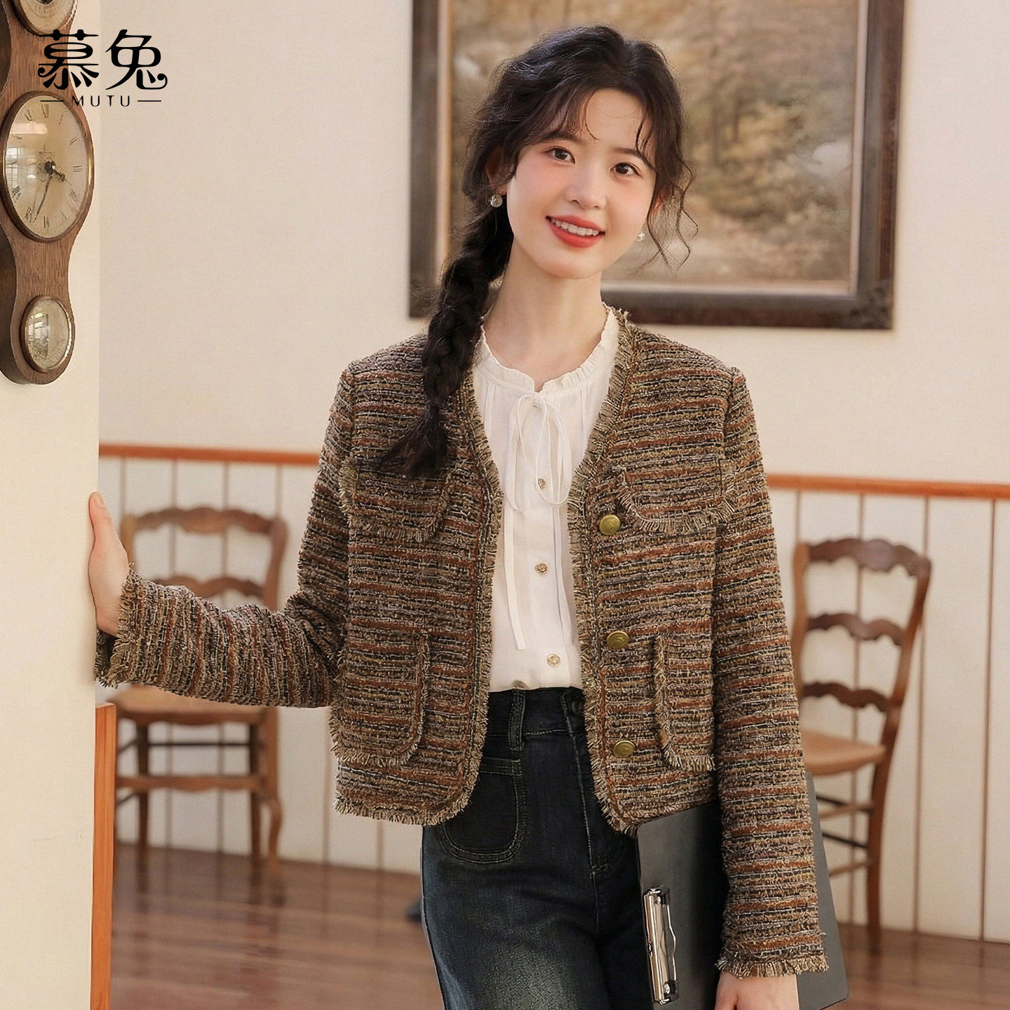 慕兔法式高级感小香风条纹短外套女2025冬季新款复古时尚显瘦上衣,女装/女士精品,短外套,淘宝优惠券,粉丝福利购,淘宝优惠卷