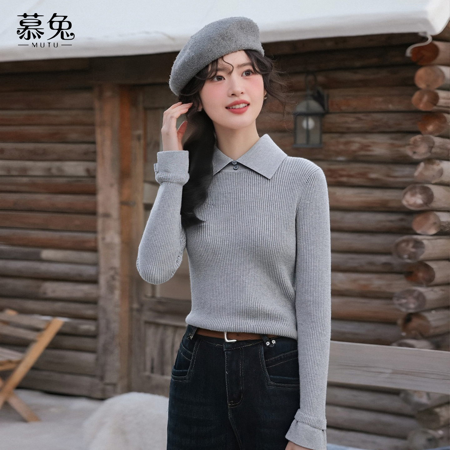 慕兔韩系灰色polo领针织衫