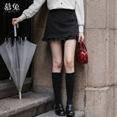 新款 慕兔法式 气质波点包臀短裙女2025冬季 小个子高腰木耳边半身裙