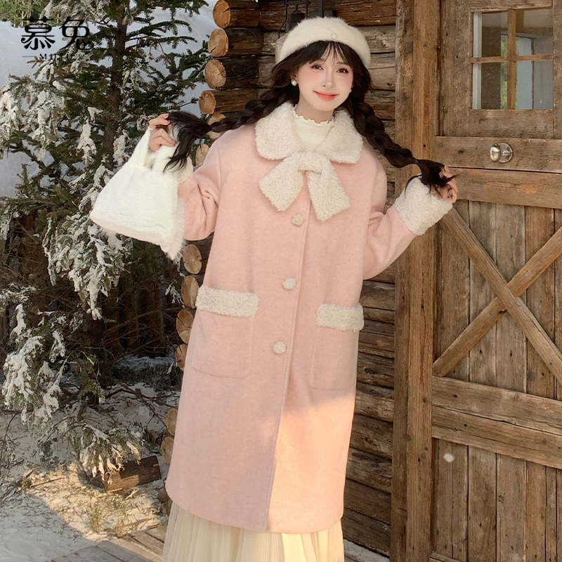 慕兔甜美学院风中长款毛呢外套