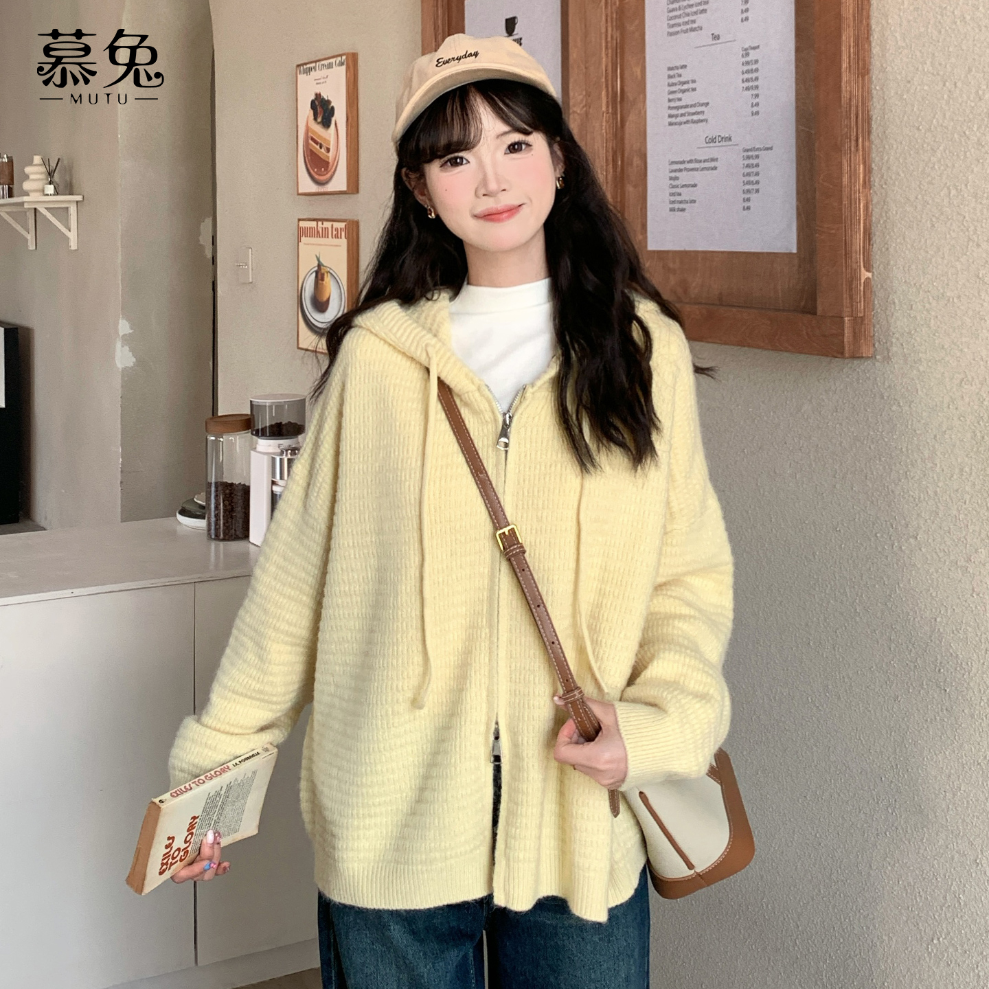 慕兔针织连帽拉链外套