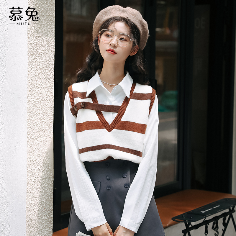 慕兔韩版两件套针织马甲衬衫